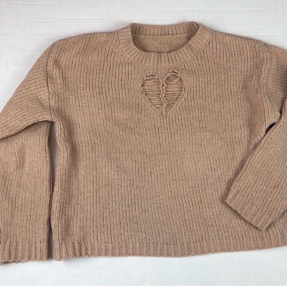 Tan Distressed Heart Sweater
